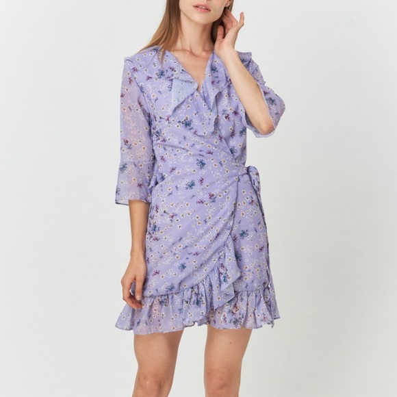Realisation Par Dresses & Skirts - Purple floral wrap ruffle dress